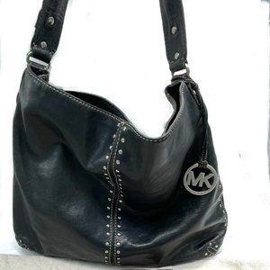 Michael Kors Uptown Astor Black Leather Hobo Handbag With Studded Hardware